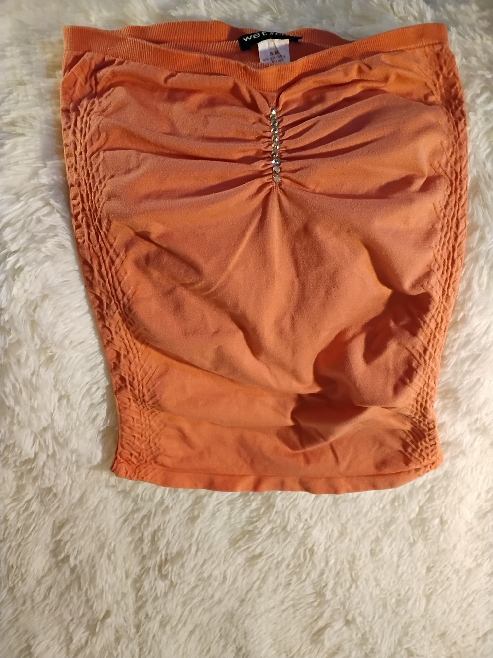 Wet Seal Orange Ruched Mini Skirt with Center Embellishment